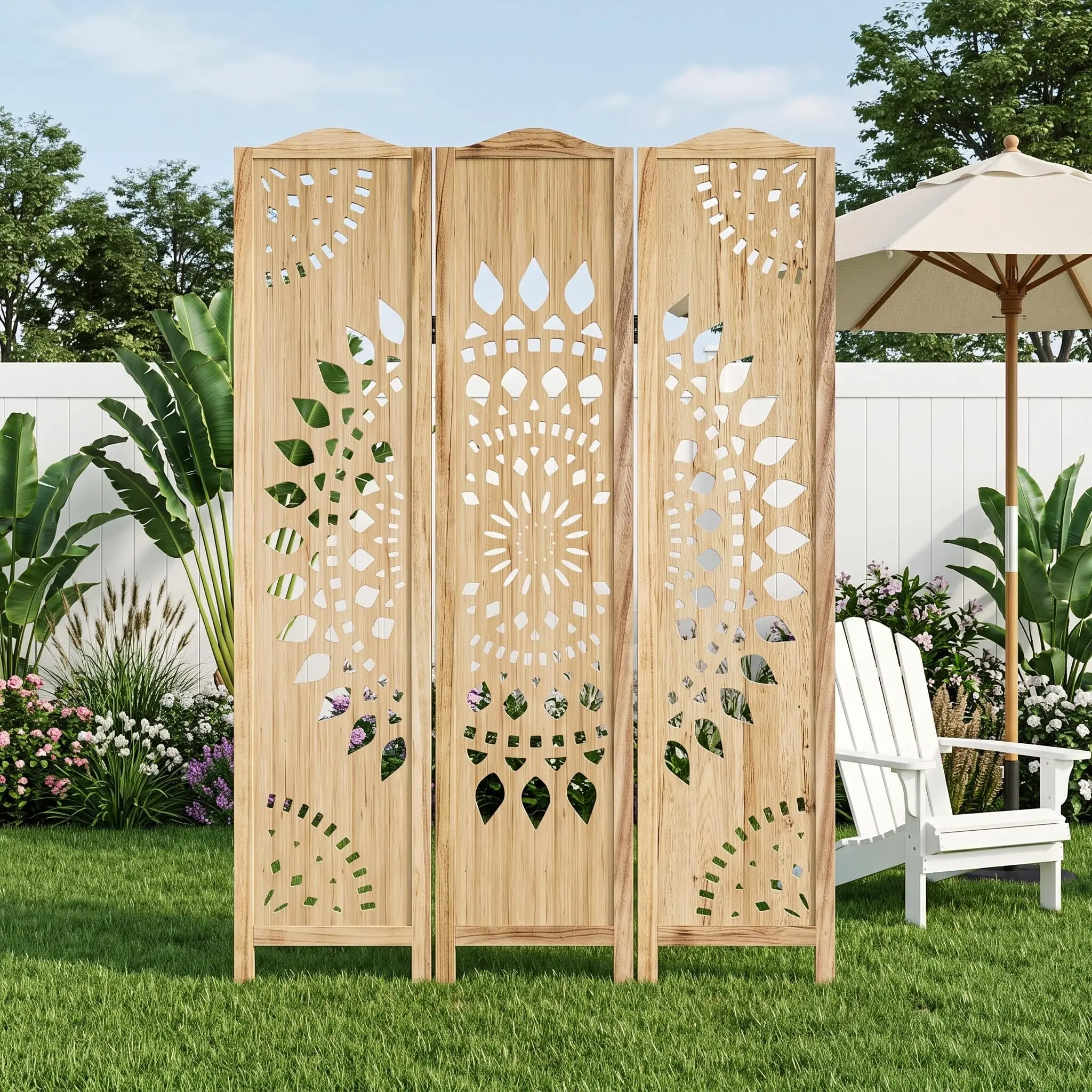Room Divider 3 Panels,5.62FT Tall Boho Folding Wood Privacy Sn