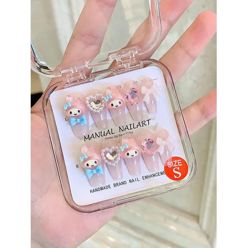 Sweet Kawaii My Melody 3D Diamond Love Pearl Bow Tie Wearable Fake Nails Patch Tips Anime Sanrios Pink Girls Nails Art Manicure