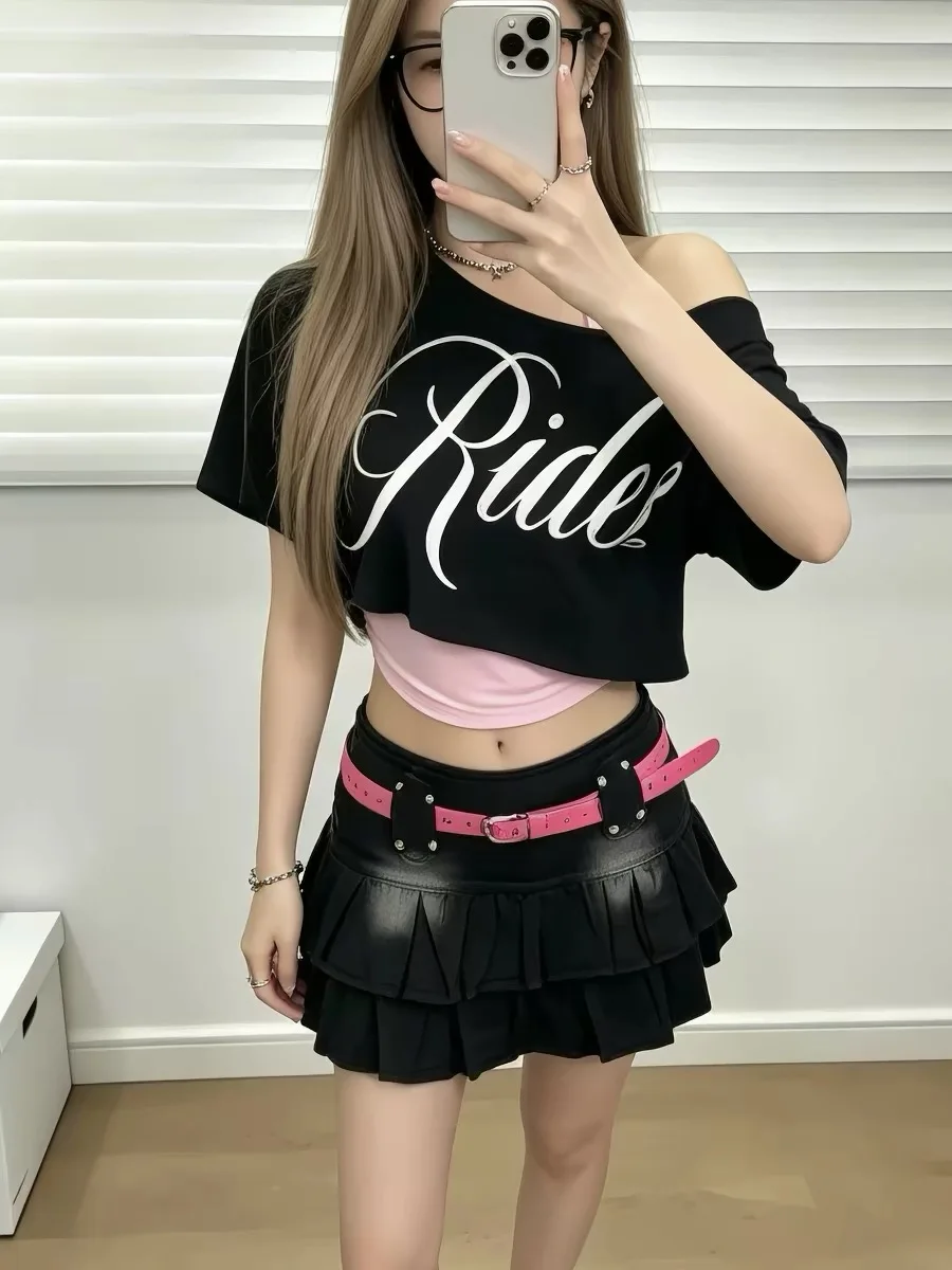 Oversized Women Letter Print Tee Skew Collar Off Shoulder Short Sleeve Irregular Hem Hip Hop Crop Tops Summer Street Shirts