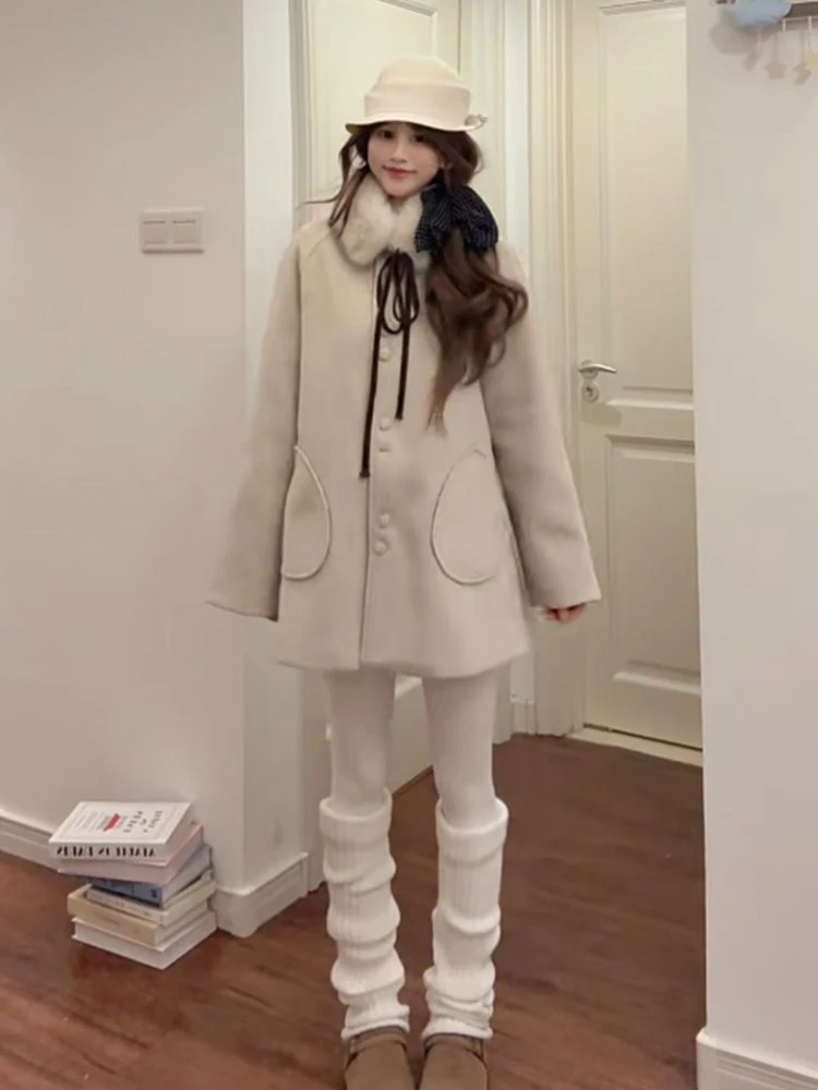 

Корейское роскошное шерстяное пальто, женское зимнее модное пальто со свободным меховым воротником, теплое пальто средней длины с открытым волокном из полиэфирного волокна