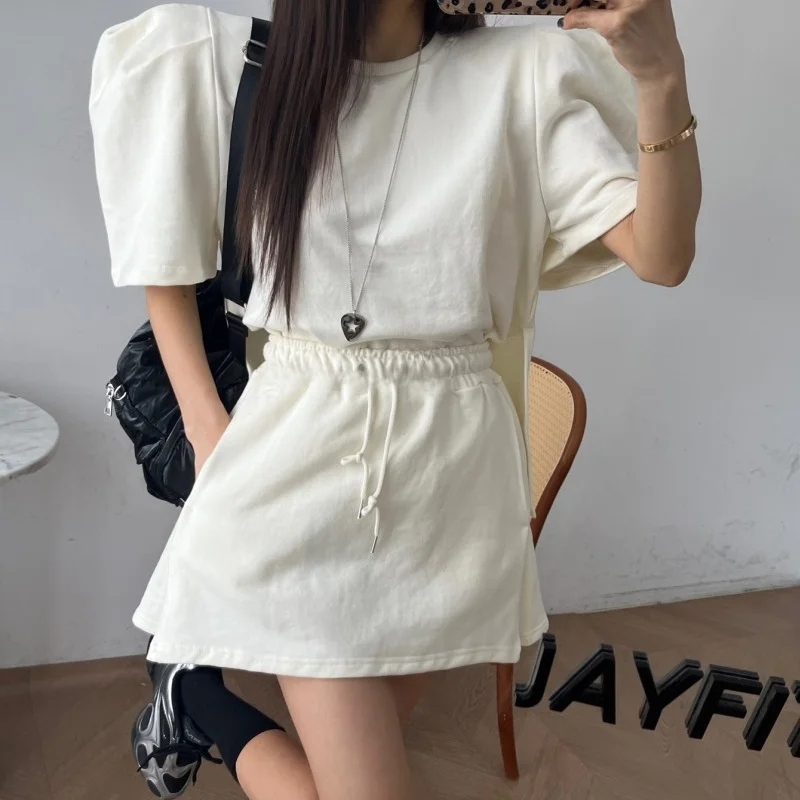 Été Chic Vintage Simple fente latérale bulle Sve haut taille haute Anti-lumière a-ligne Jupe Ensemble femmes Faion Ensemble