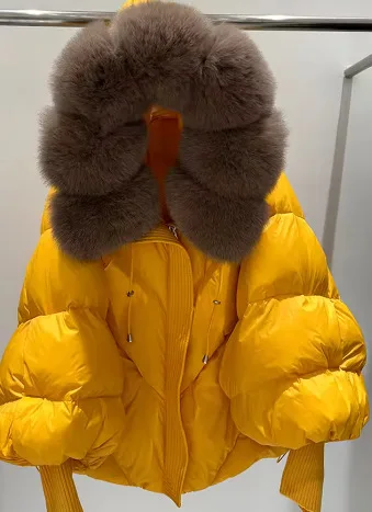 Moda americana elegante gola de pele de raposa com capuz casacos soltos casuais engrossado quente curto jaqueta feminina inverno outerwear casaco