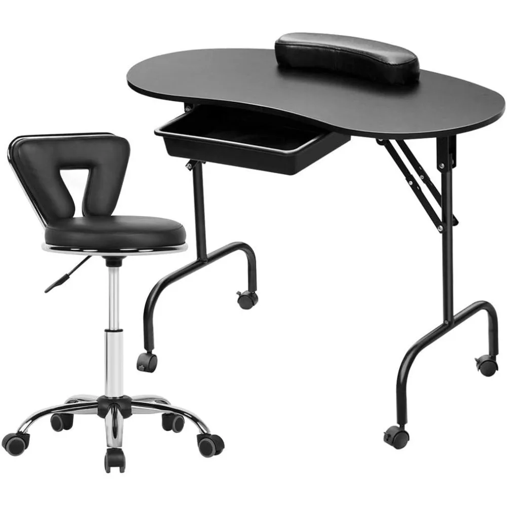 Folding Nail Table and Salon Stool,Nail Technician Workstation, Adjustable Rolling Swivel Chair, Mobile Nails Table Workstation.