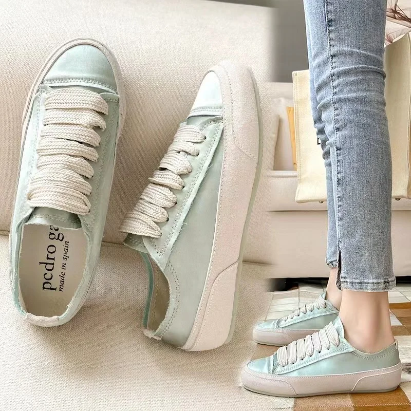 2023 New Satin Shoes Flat Sneakers Women\'s Commuter Shoes Flat Shoes Casual and Comfortable Soft Bottom White Shoes Women Tennis