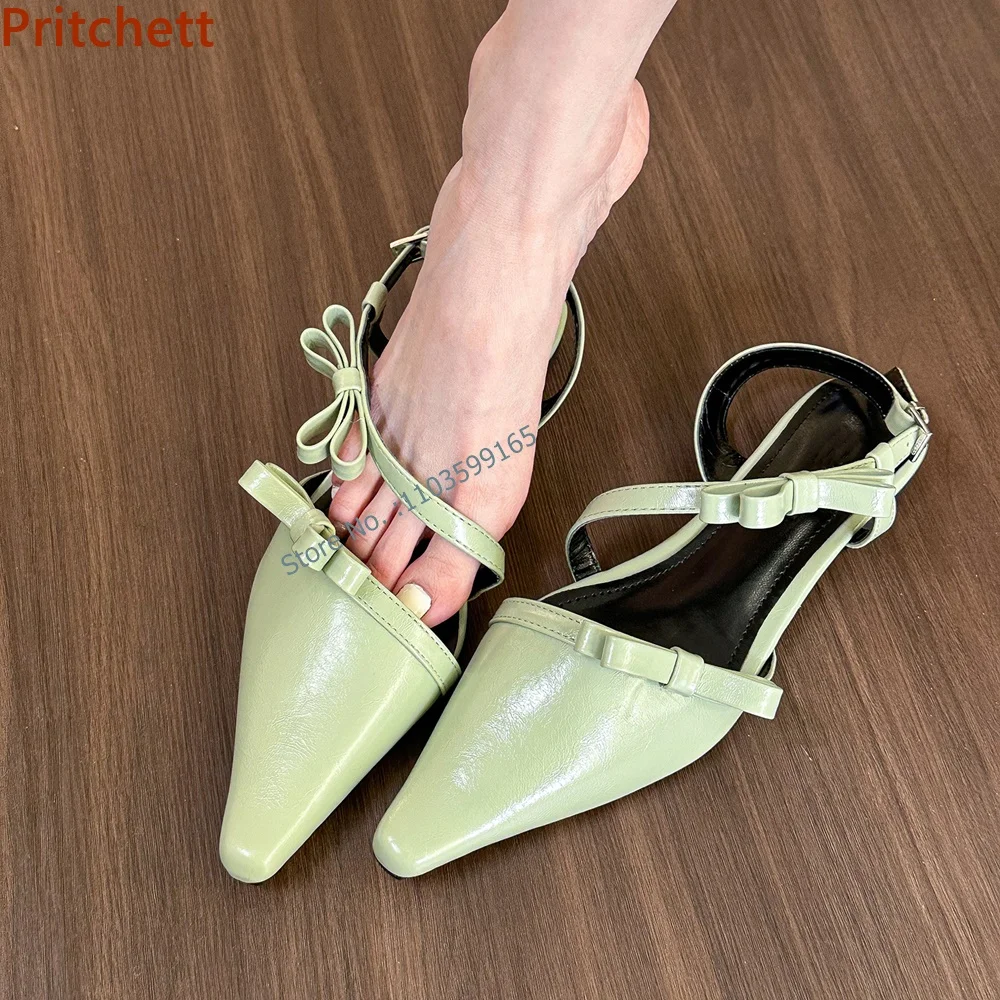 

Pointy Toe Butterfly Knot Sandals Flat with Buckle Strap Shallow Light Color Women's Dress Shoes Solid Comfortable Summer Shoes