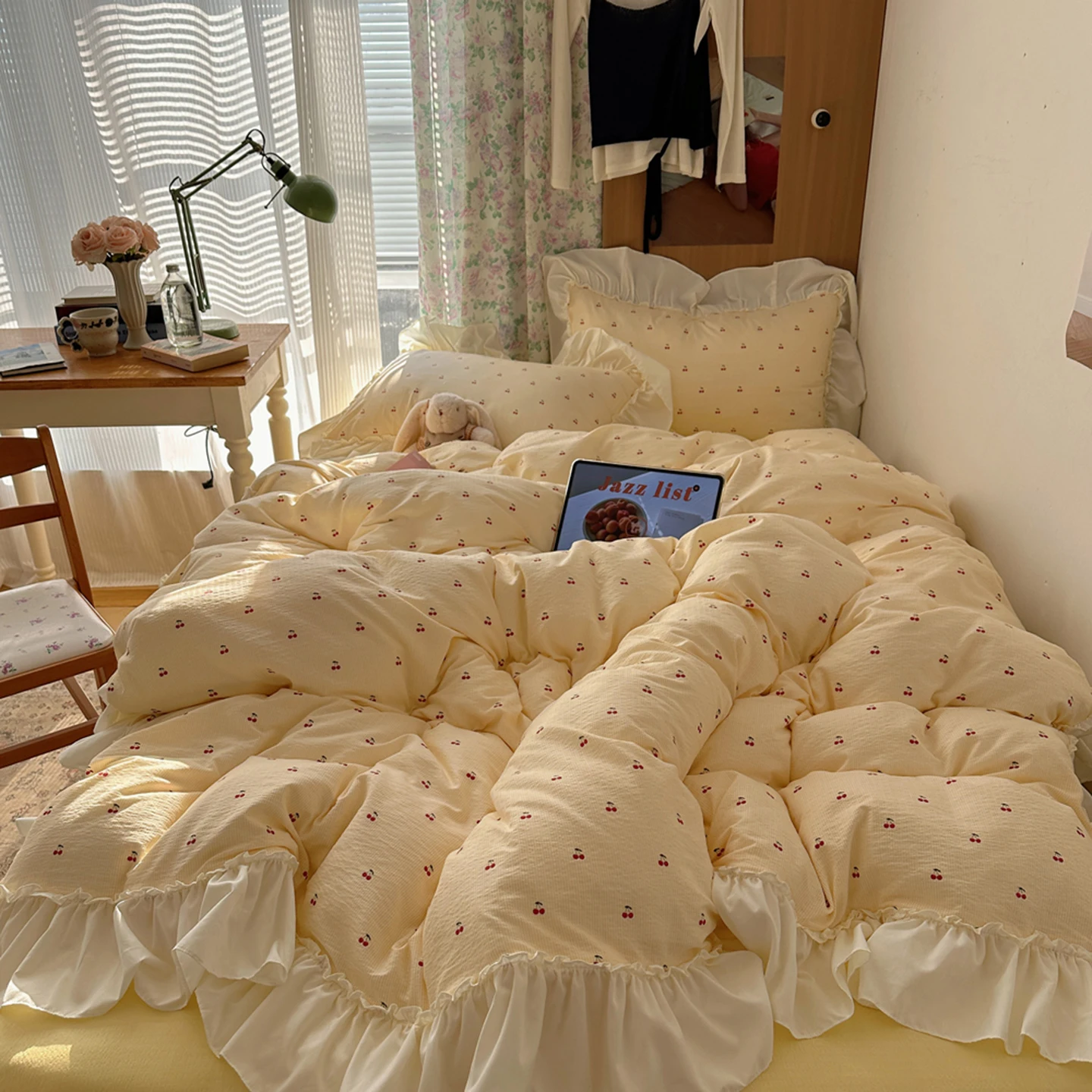 Kawaii Cherry Bedding Sets Ins Girly Cottagecore Ruffles Duvet Cover Fitted Sheet For Girls Woman Home Bedroom Kawaii Bed Linens