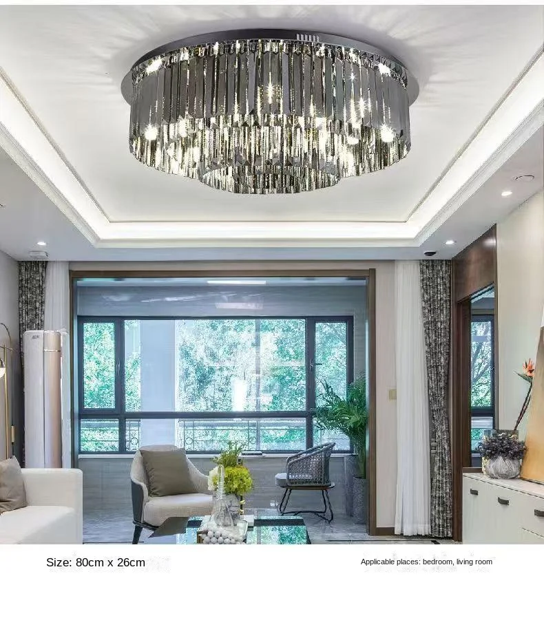 Luxury Smoke Crystal Round Ceiling Lamp Modern Frame Led Chandelier Home Decoration Lighting For Living Room Bedroom Dining Room
