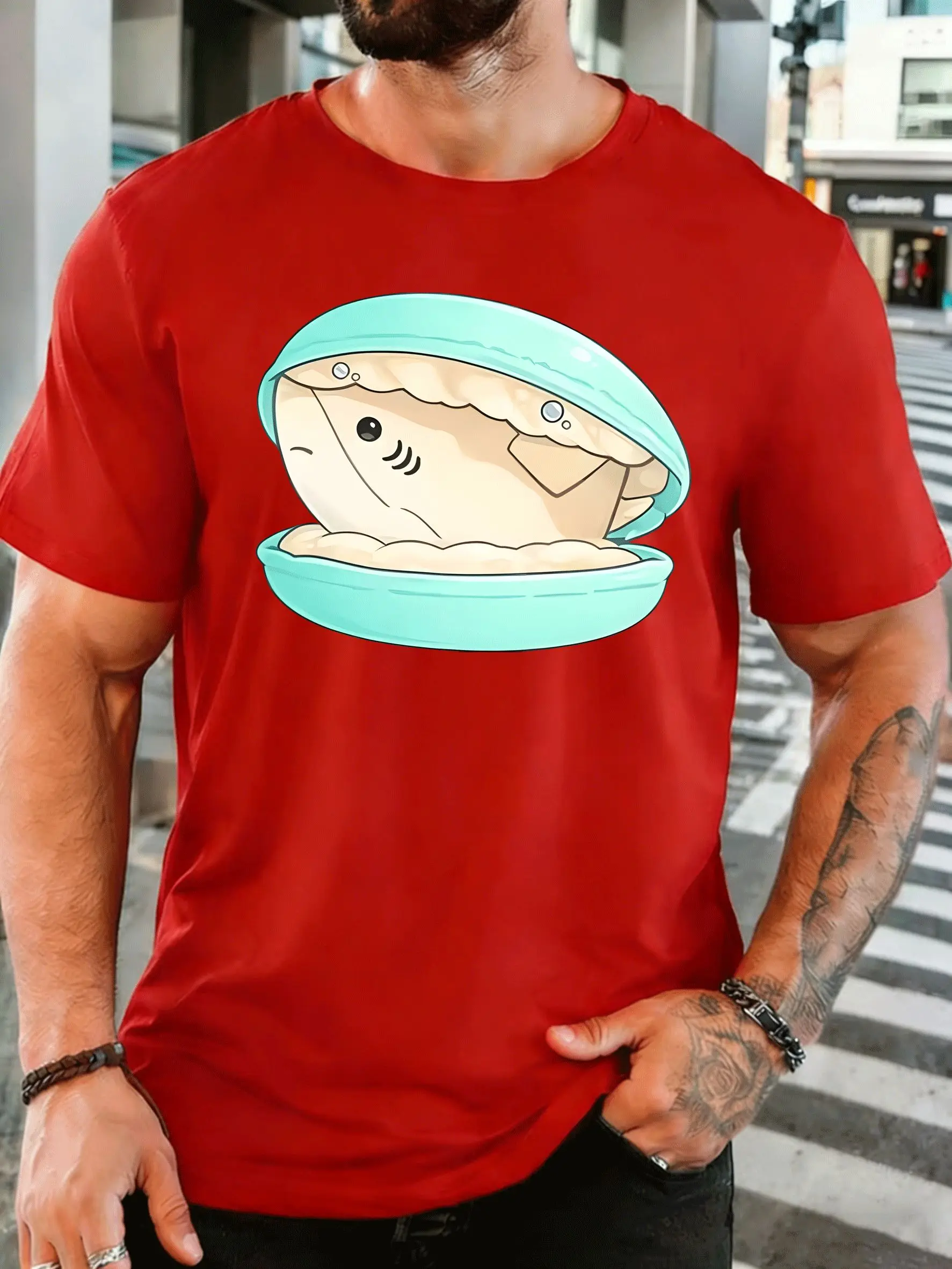 Men Short Sleeve T Shirt Cute Clam Pearl Graphic Tee Sea Animal Print Tops Summer Soft Cotton Casual Street Wear For Adult Male