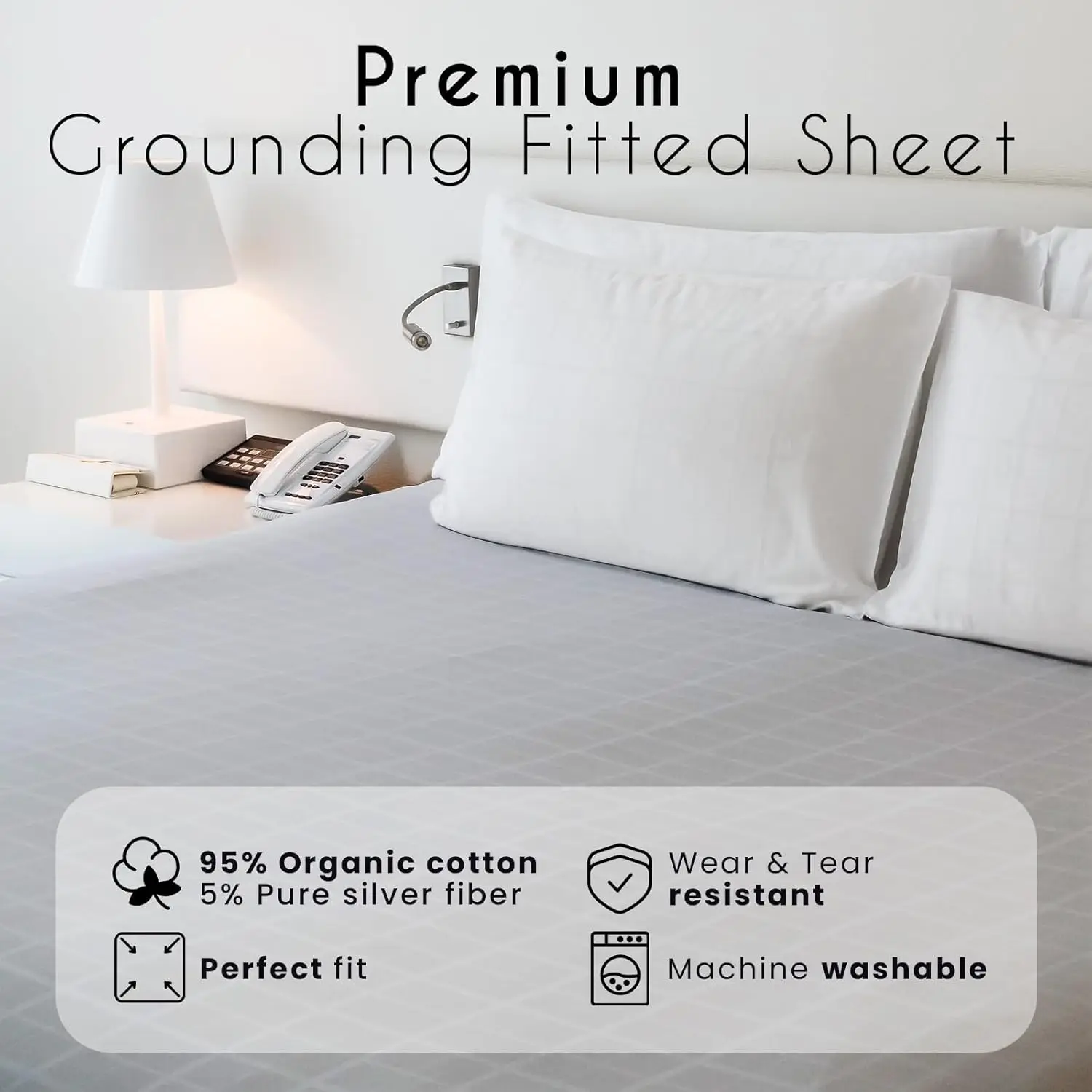 Grounding Fitted Sheet Queen Size, Earthing Sheets - Pure Silver Fiber & Organic Cotton + Grounding Cord + Tester Pen In