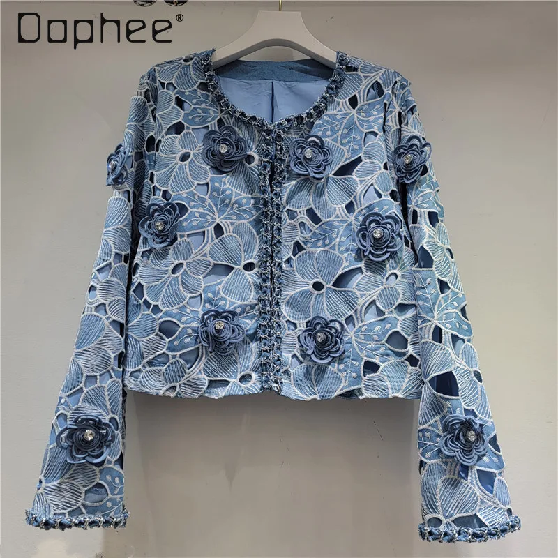 

French Style Elegant Socialite Beaded Denim Jacket 2026 Spring New Fashion Heavy Industry Embroidered Short Jean Jackets Women