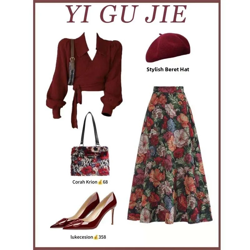 

Autumn New Women's irt Top Floral f Skirt Set Casual Slim Fit Long Sve V-Ne ort Length Pure Color High End Vintage