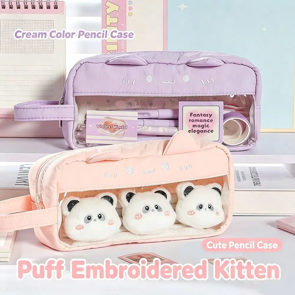Clear Window Cat Ear Pencil Case Cat Ear Polka Dot Stationery Storage Bag Portable Large Capacity Pen Storage Pouch