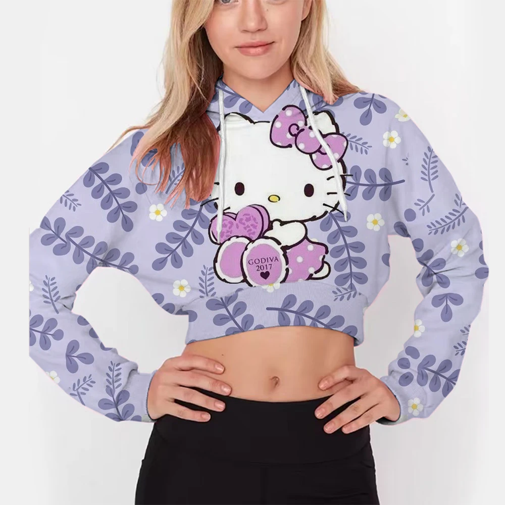 

Autumn and winter new casual loose women's long sleeved Kuromi Hello Kitty print round neck versatile Cropped Hoodies top