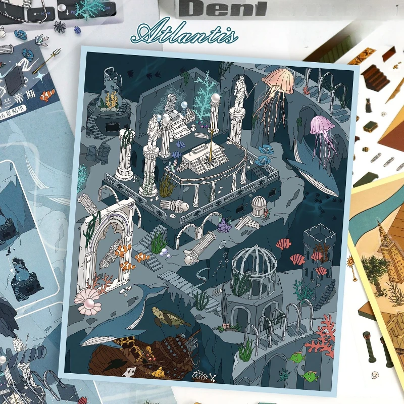 

Big Size Retro Atlantis Egyptian Temple Make Scene Sticker for Kids Boy Girl DIY Decor Vintage Room Layout Stacking Decal Gift