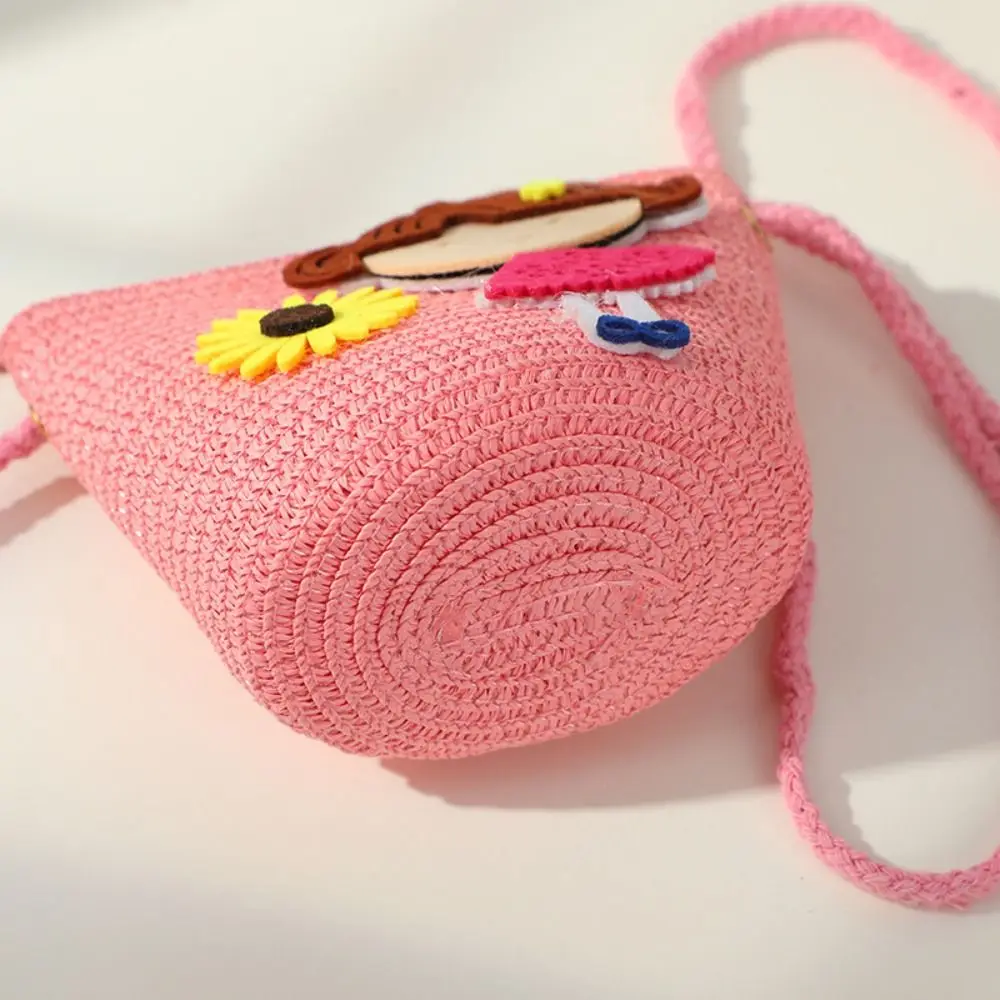 Children Girl Straw Bag Cute Flower Handmade Woven Messenger Bag Travel Storage Basket Coin Purse Summer Kids Crossbody Handbag