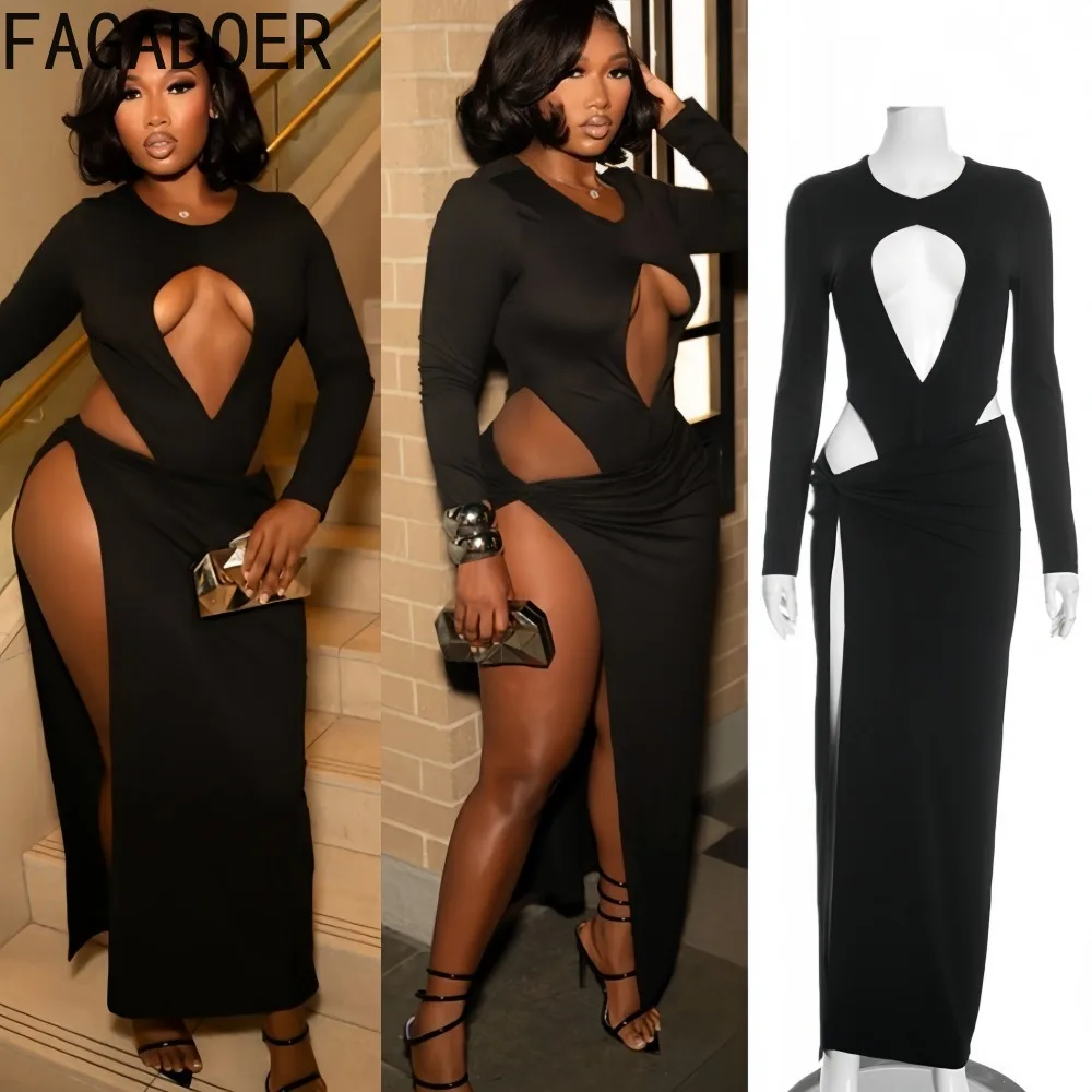 

FAGADOER Sexy Hollow-out 2 Pieces Set for Woman Outfits Solid Color Long Sleeved Playsuits and Skirt Female Streetwear Vestidos