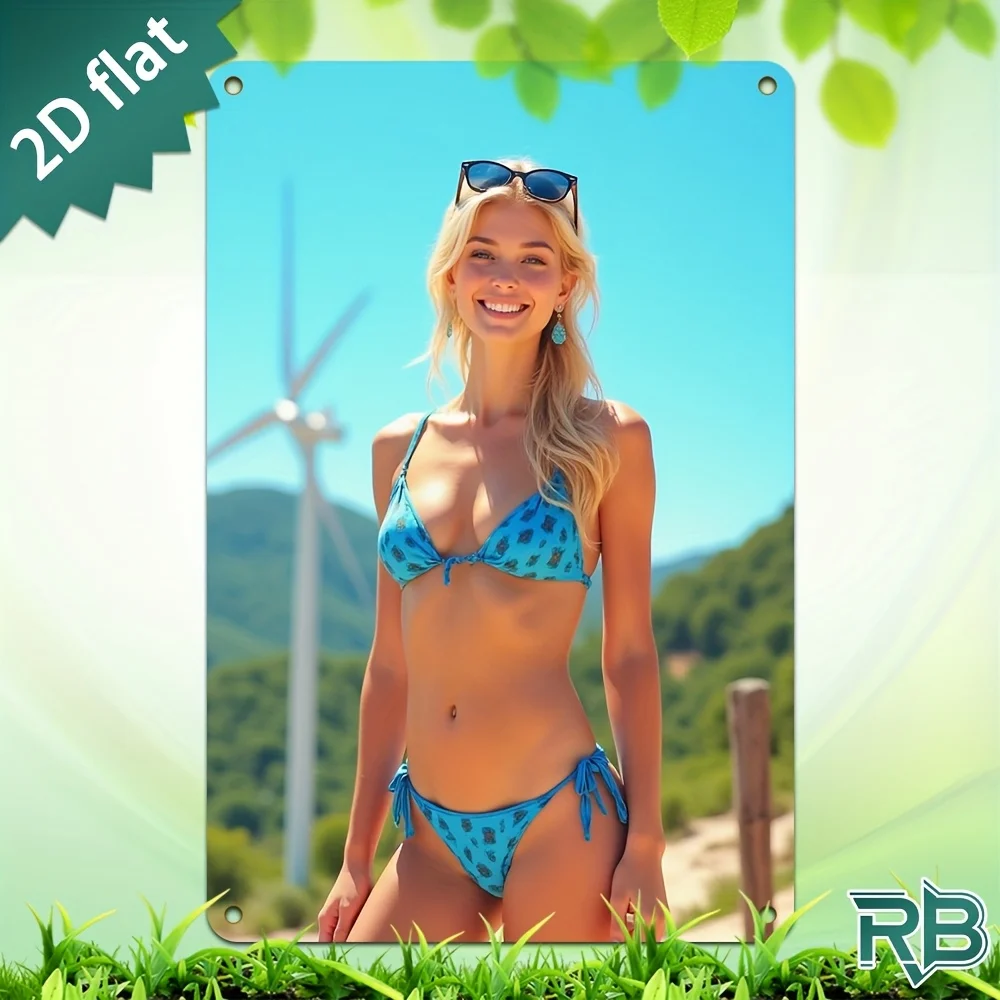 Letrero Metálico Vintage con Diseño de Mujer Rubia en Bikini con Estampado de Leopardo Azul, Decoración de Pared Plana 2D para Viajes de Verano, Hogar y Garaje