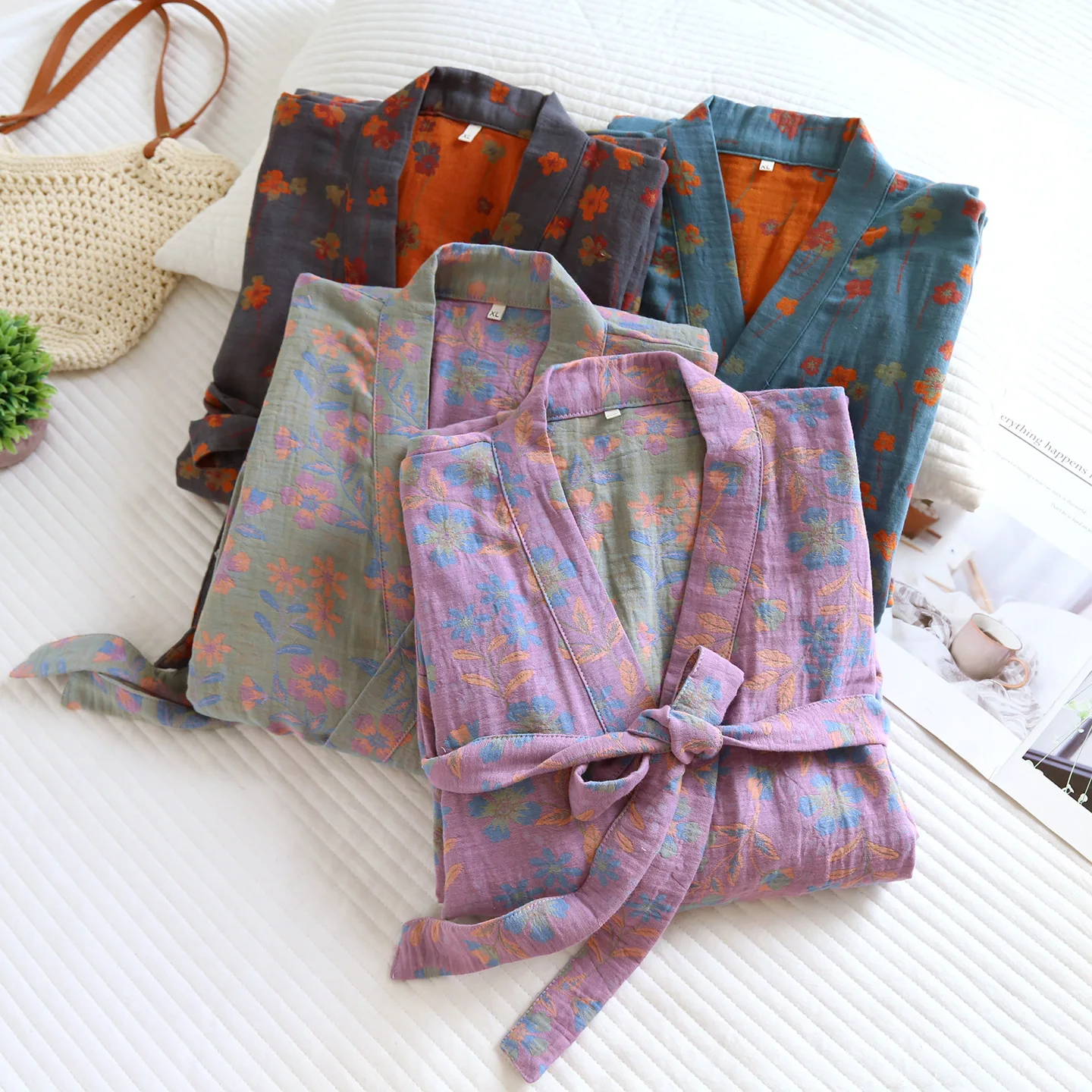 

Cotton Kimono Robes With Belt For Women Spring Autumn Long Sleeve Sleepwear Clothes Floral Fashion Loose Dressing Gown
