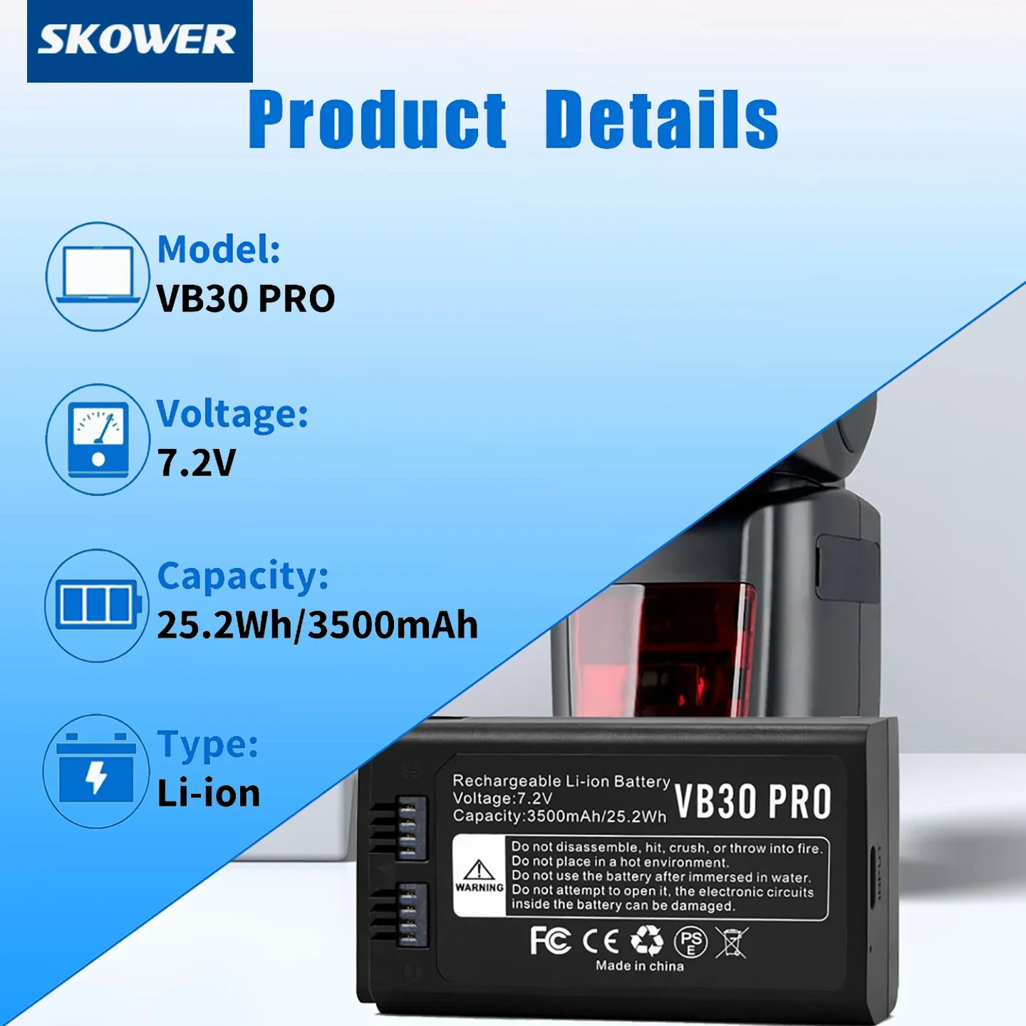 SKOWER 3500mAh VB30 Lithium-Ion Battery Pack Type-C Charge For GODOX V100 V1Pro V1 AD100PRO V860III Camera Flash Speedlite