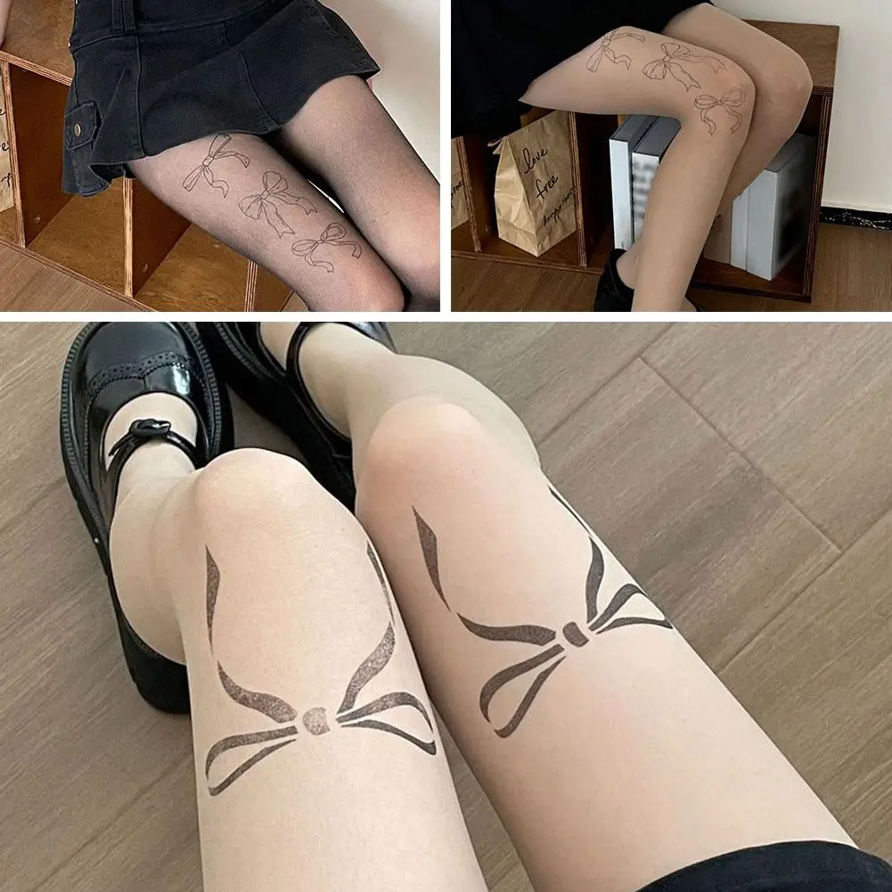 Y2K Bow Pantyhose Stockings Tattood Print Pantyhose Fashion Breathable Hosiery Transparent Bow Comfortable Sexy Tight O9A8