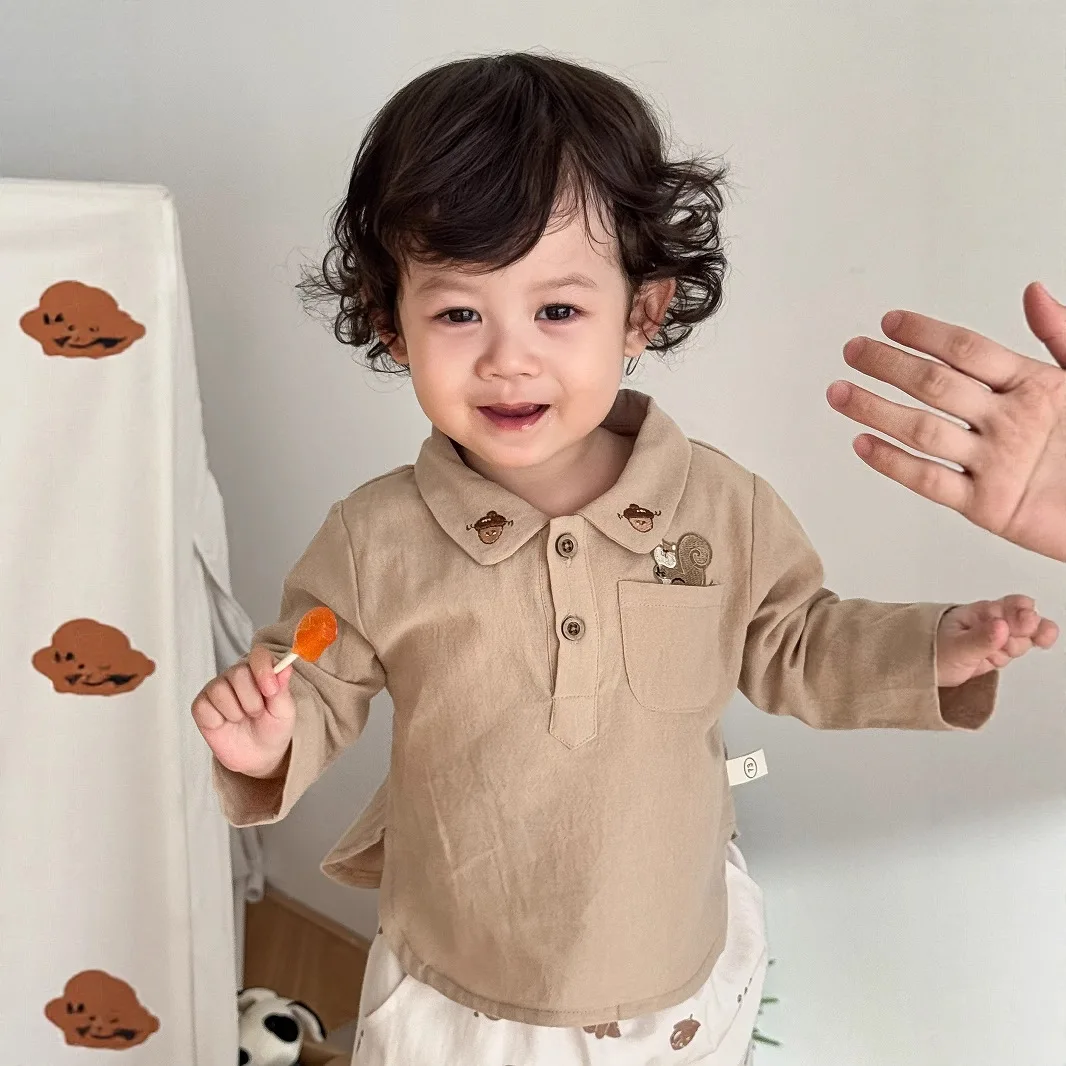 Children's Fashion Shirt Autumn Boys' Embroidered Cartoon Shirt Baby Western Korean Version Top Trend