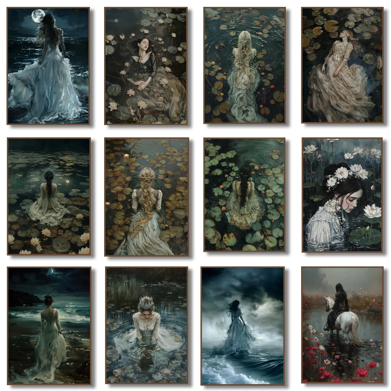 Ophelia Dark Academia Goth Moody Victorian Woman Lake Lotus  Poster Canvas Painting Print Wall Art Cottagecore Home Decor