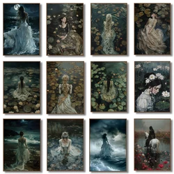 Ophelia Dark Academia Goth Moody Victorian Woman Lake Lotus Poster Canvas Painting Print Wall Art Cottagecore Home Decor