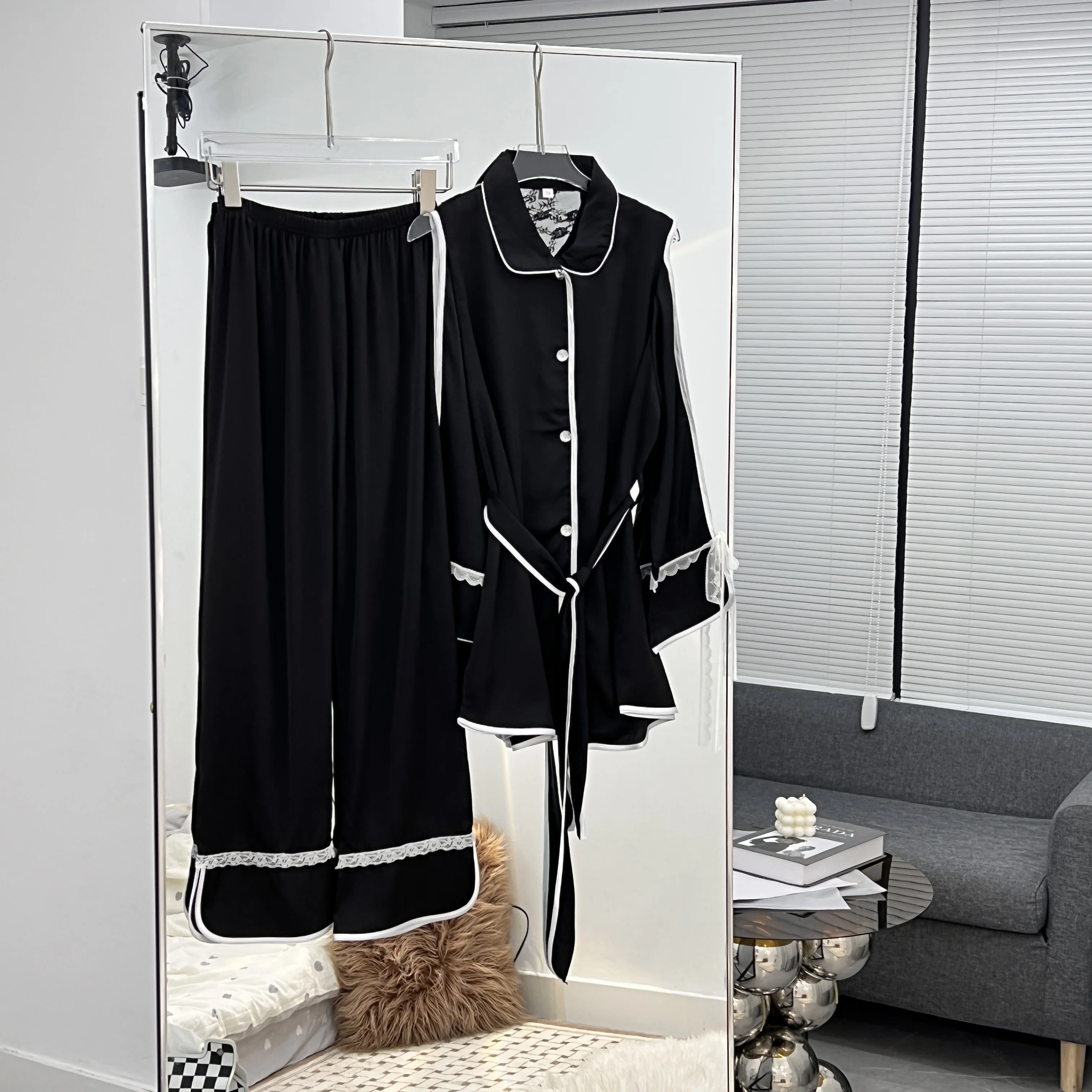 Autumn 2024 New Ice Silk Pajamas Ladies Solid Color Lace Hollow Quality Homewear Long Sleeve Off Shoulder Sexy Simple Pajamas