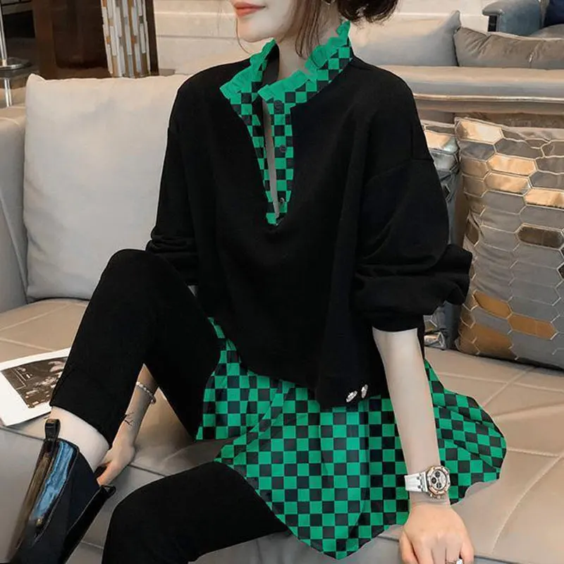 Korean Fashion Lattice Spliced Fake Two Pieces Shirt Women 2023 Autumn New Ruffles Half Open Collar Long Sleeve Pullovers Blouse