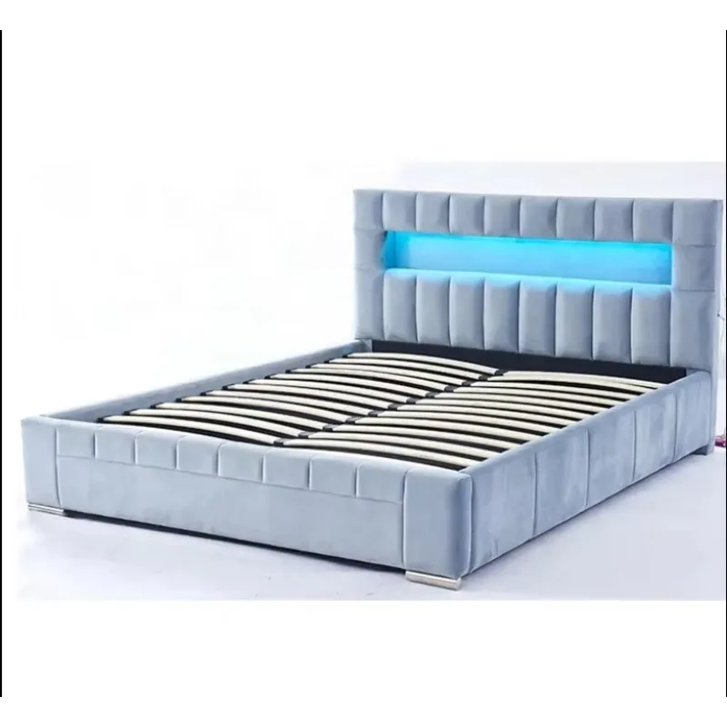 ^New Design Modern Luxury Queen Soft Bed with Birch Wood Frame LED Storage Velvet Cover and Durable Build