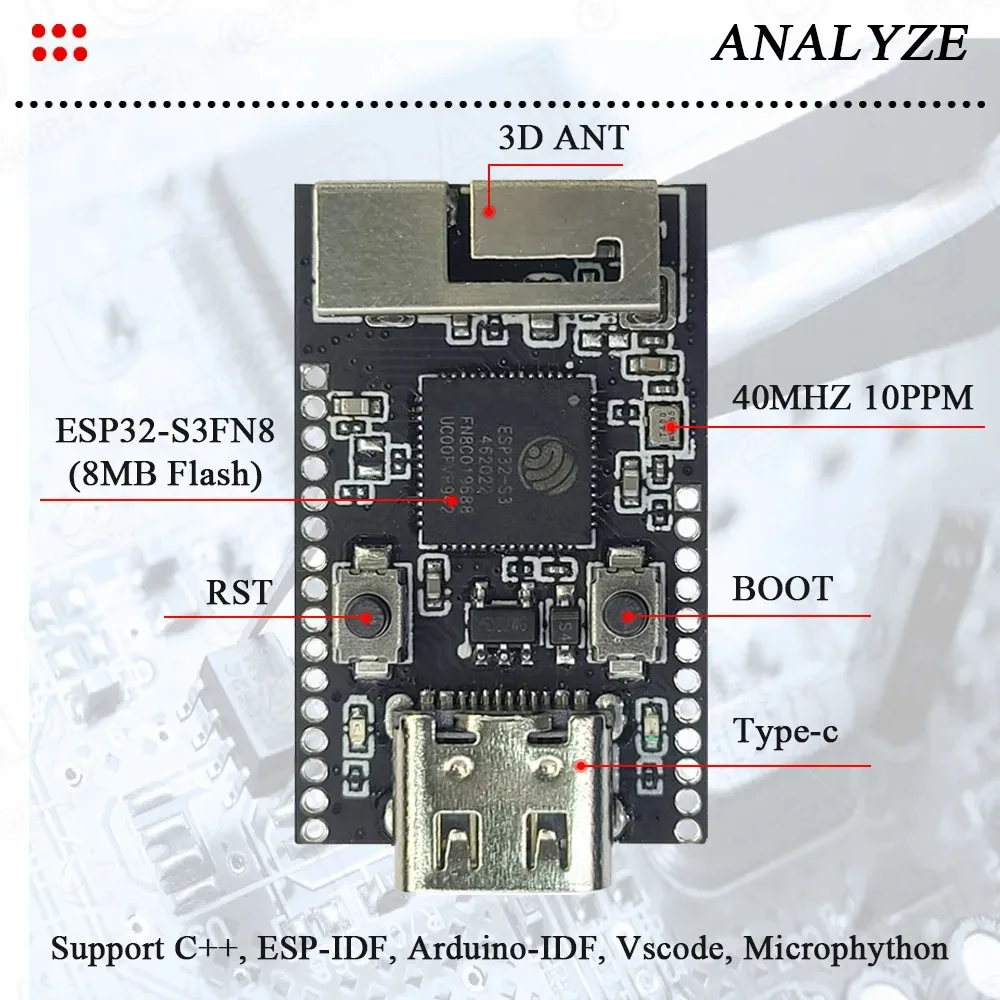 Imagem -03 - Mini Placa de Desenvolvimento para Arduino Wifi Módulo bt Chip Original Esp32-s3fn8 8mb Flash 28pin Tipo-c Esp32 s3 2.4g