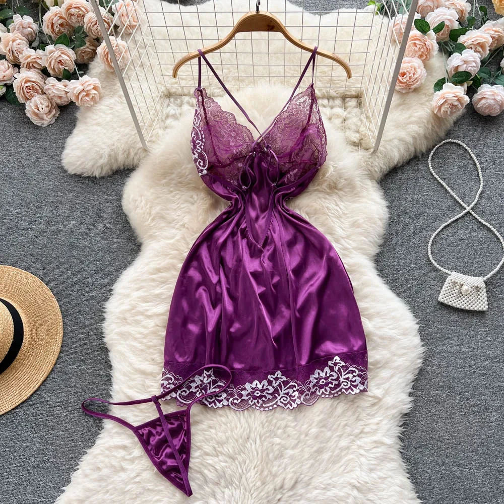 Hollow Lace Embroidered Strap Dress Slim Fit A-Line Dress Sexy Women's Nightgown V-Neck Erotic Lingerie Backless Hot Sleepwear