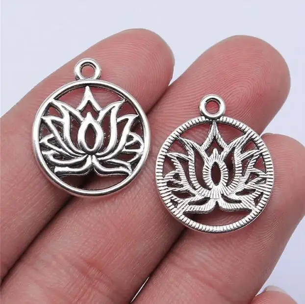 20pcs 19x19mm Antique Silver Color Round Lotus Charms Pendant EF3698