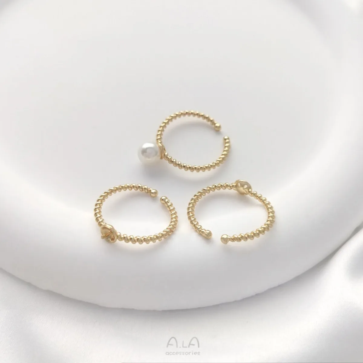 14K Gold-plated Half-hole Bead Holder Ring Twist Ring Holder DIY Sticky Pearl Open Ring Handmade Material