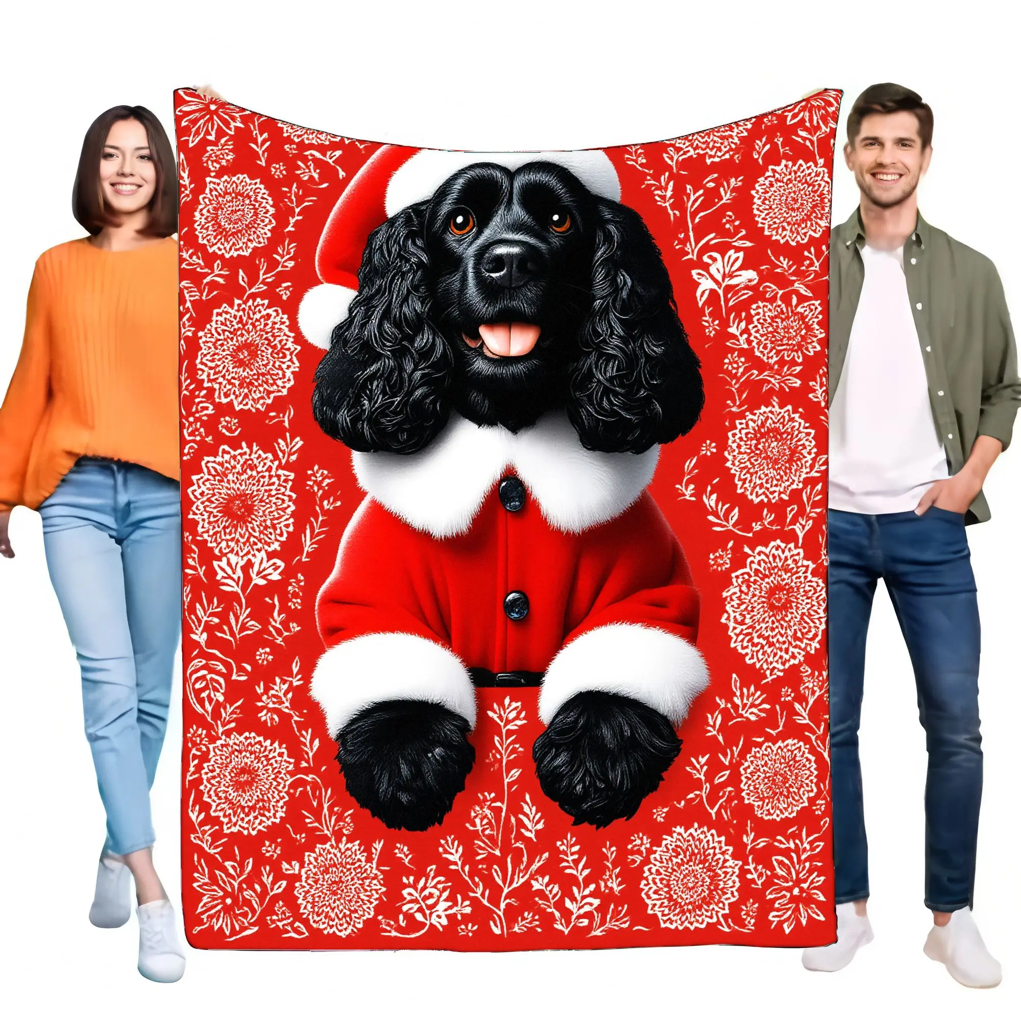 Cozy Christmas Dog Blanket Cute Black Cocker Spaniel Santa Throw Soft Warm Bedding Home Decor Perfect Gift for Pet Lovers and Ho