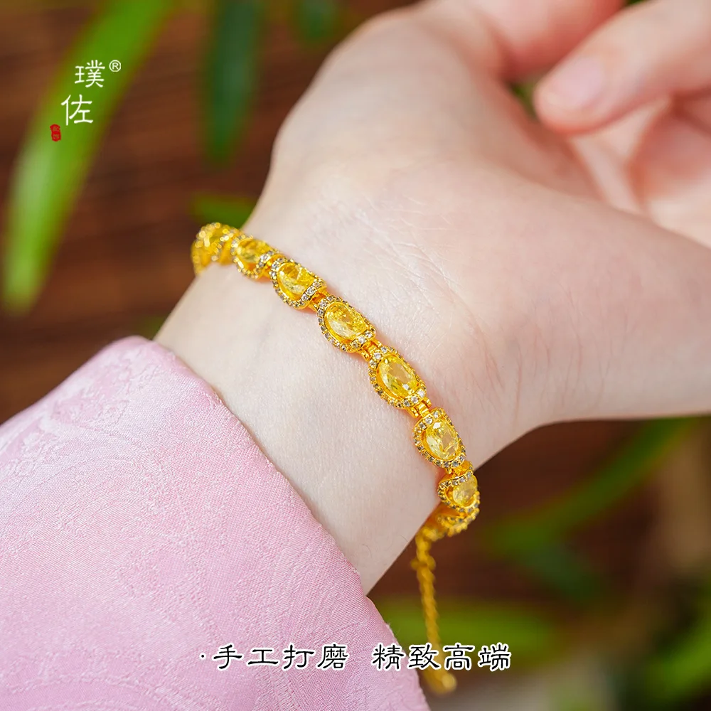 Gold Store 9999 Pulsera de encaje de diamante amarillo de azúcar de roca Retro francés de oro real de 24 quilates, pulsera ligera de lujo en forma de huevo para mujer