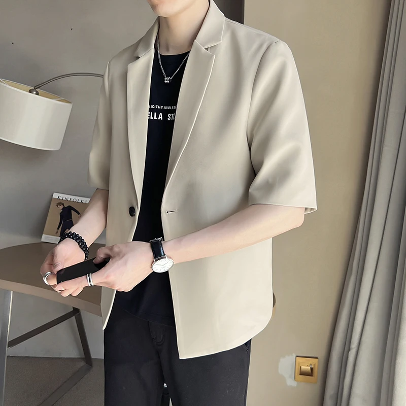 Khaki Ice Silk Seven-Quarter Sleeve Men's Suit Lightweight Summer Thin Style One-Button Short Sleeve  Fashionable Sensa...