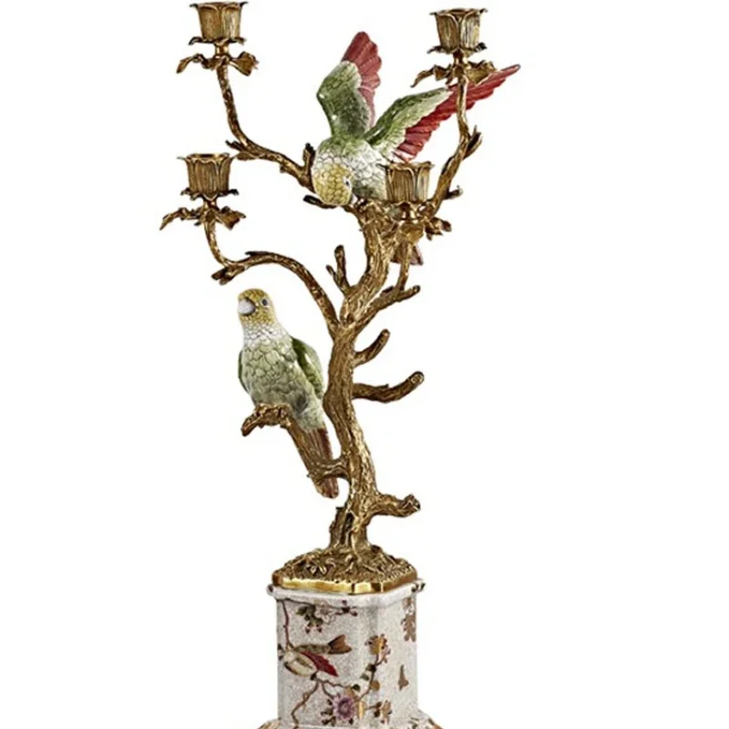 

Retro-European French copper with porcelain green parrot candlestick restaurant luxury decoration home decoration