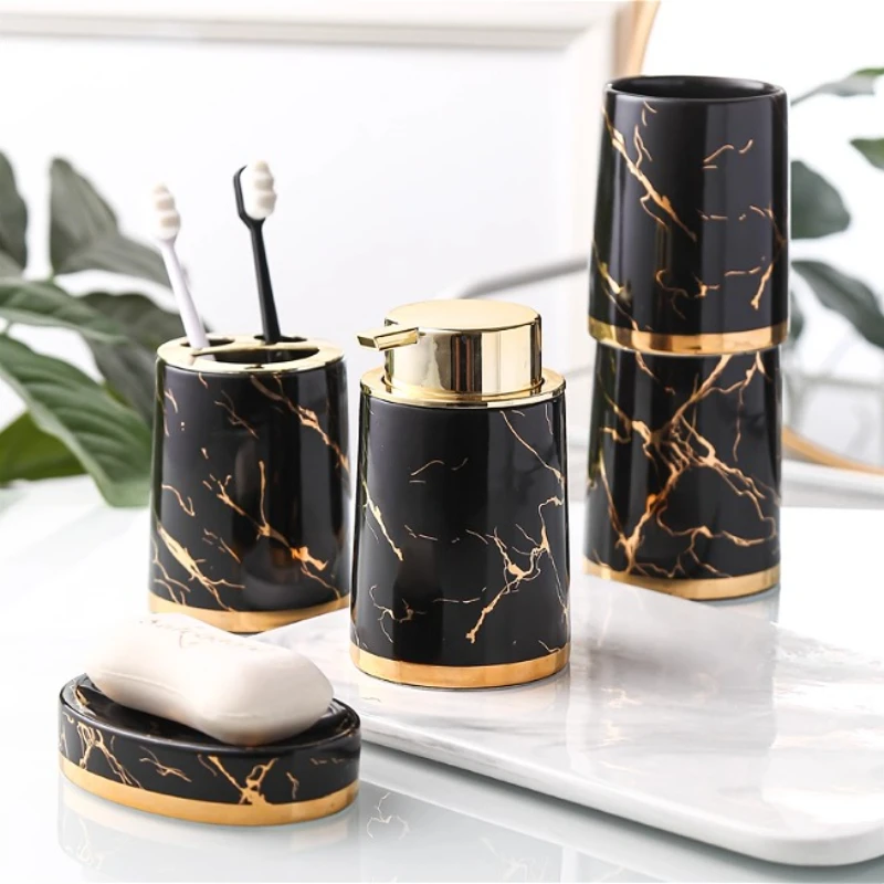 1pc Ceramic Toiletries Lotion Bottle Toothbrush Holder Toothbrush Cup Soap Dish Bathroom Accessories Imitation Marble Texture