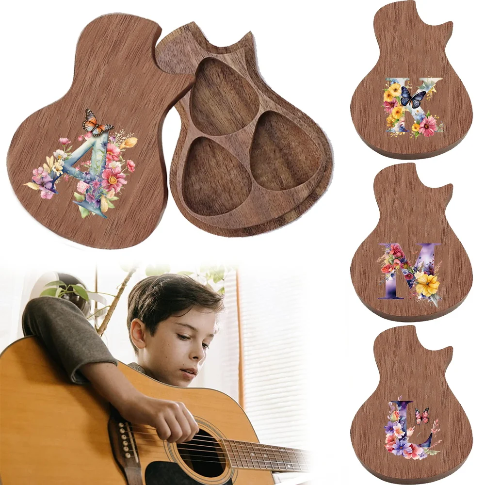 

1pc Wooden Guitar Pick Box With Butterfly Patterns Suitable For Beginners Portable Storage Case Initial Name 26 Letters Pattern