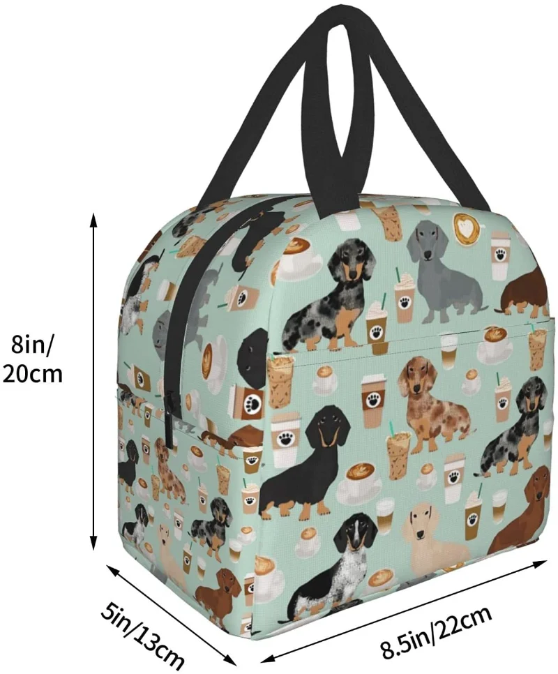 Bolsa de almuerzo aislada reutilizable con bolsillo frontal para hombre y mujer, contenedor de café de colores, lindo, Dachshund