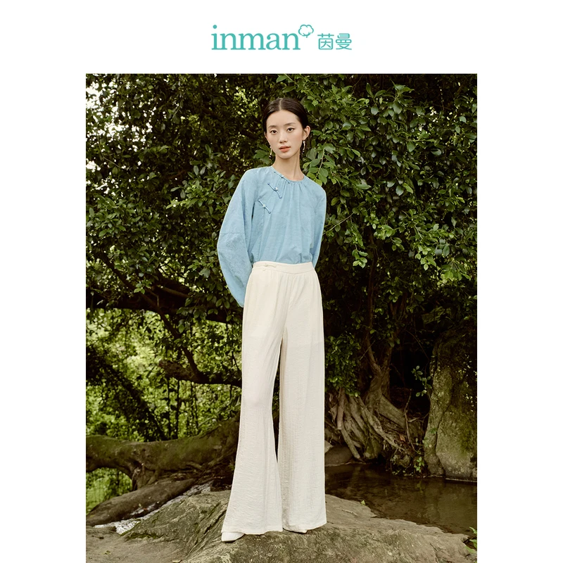 INMAN Women Pants 2023 Autumn Disc Buckle Waist Decoration Straight Loose Wide-leg Trousers Chinese Retro Apricot Casual Pant