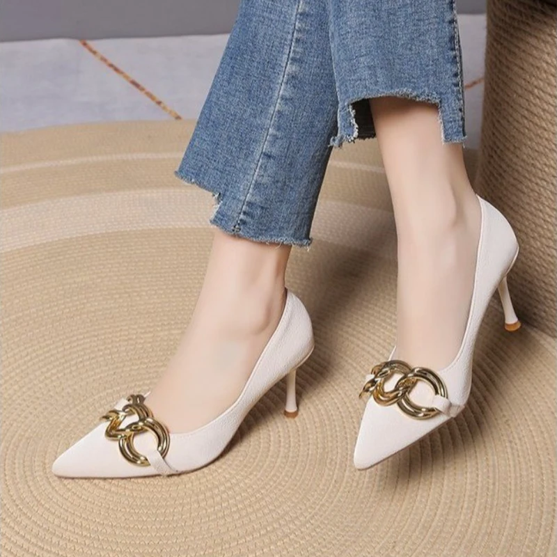 

2025 Women's Fashion Nude Metal Buckle Pumps High-Heels Sexy Party Stilettos Heels Office Spring Shoes Large Size