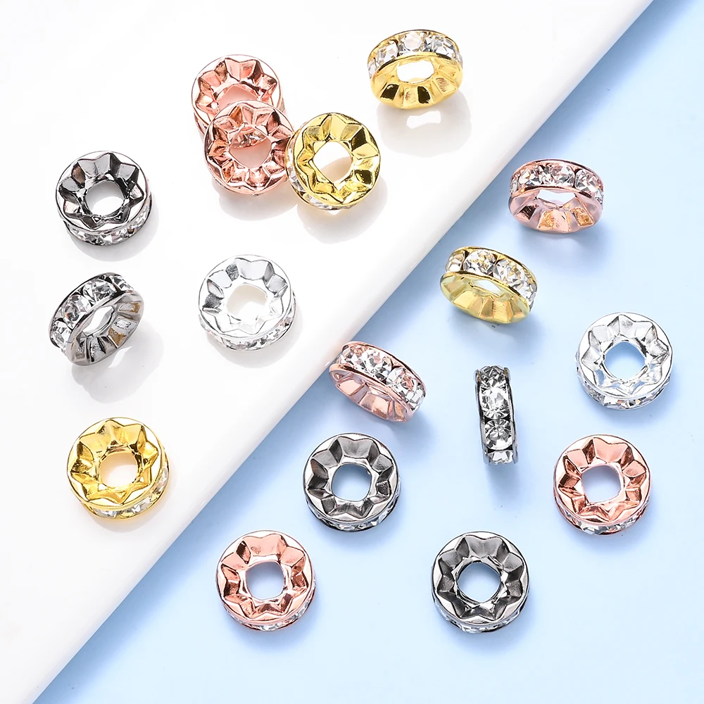 10 Stück 15mm Funkelnde Strass-Rondell-Abstandsperlen Metall-Design Kristall Lose Perlen für DIY-Bastelarbeiten, Perlenstifte, Schmuckherstellung – Detail 6