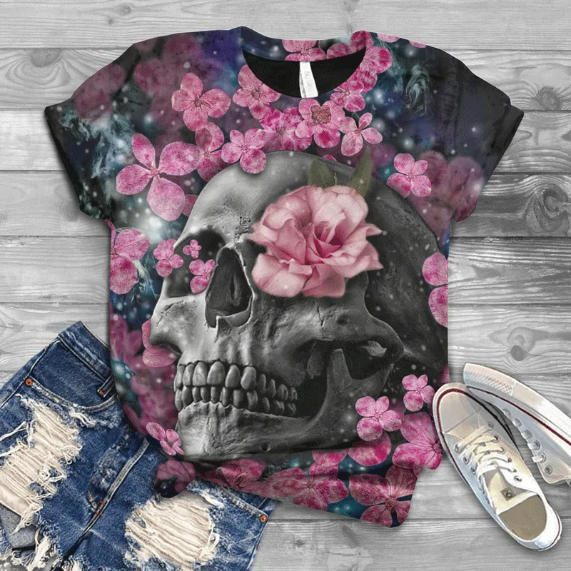 スカルシリーズ 3D プリント Tシャツ女性のヒップホップストリート O ネック半袖 Tシャツ Y2k 原宿 Tシャツトップス女性服