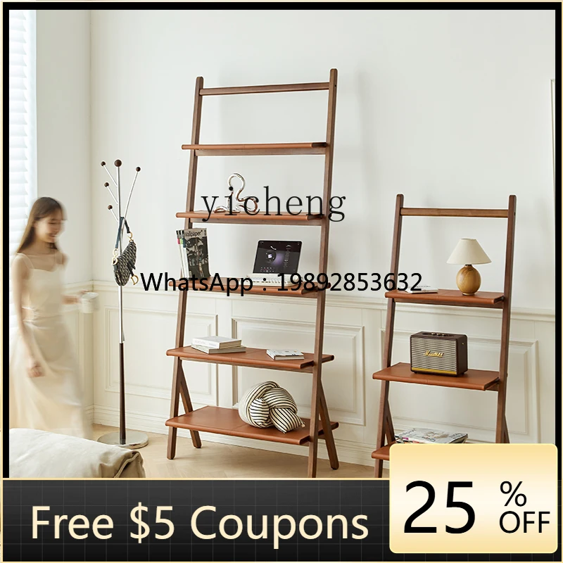 

DD retro light luxury shelf saddle leather floor solid wood bookshelf living room multi-layer display shelf