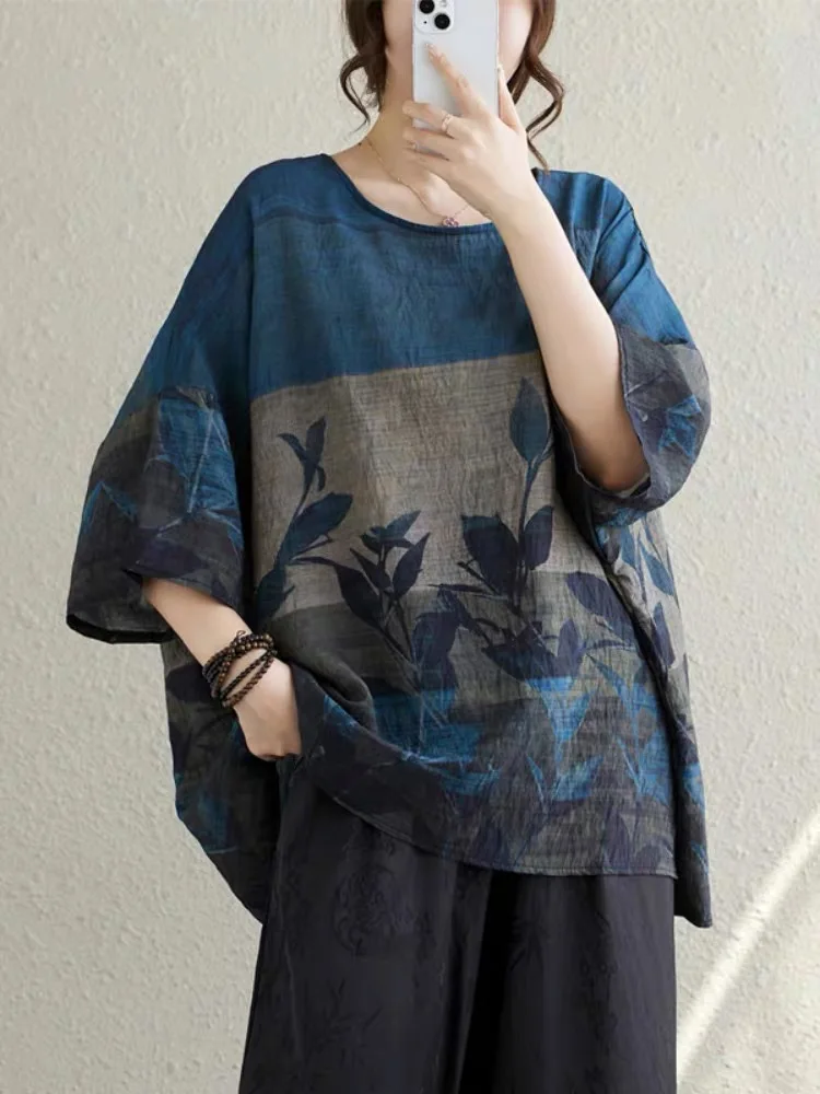 plus Size Women's round Neck T-Shirt Cotton Linen Loose Fit Summer New Style Slimming Meat Covering Korean Style Commute Wind