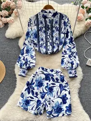 Runway Autumn Short Set Women Long Sleeve Floral Shirt and Pocket A-Line Shorts Two Piece Outfits for Women Matching Sets N6257