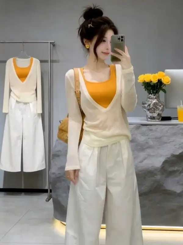 

Женский оранжевый жилет-топ, летний модный комплект, тонкий комплект из двух предметов с длинными рукавами и V-образным вырезом, комплект из двух предметов в корейском стиле, защита от солнца