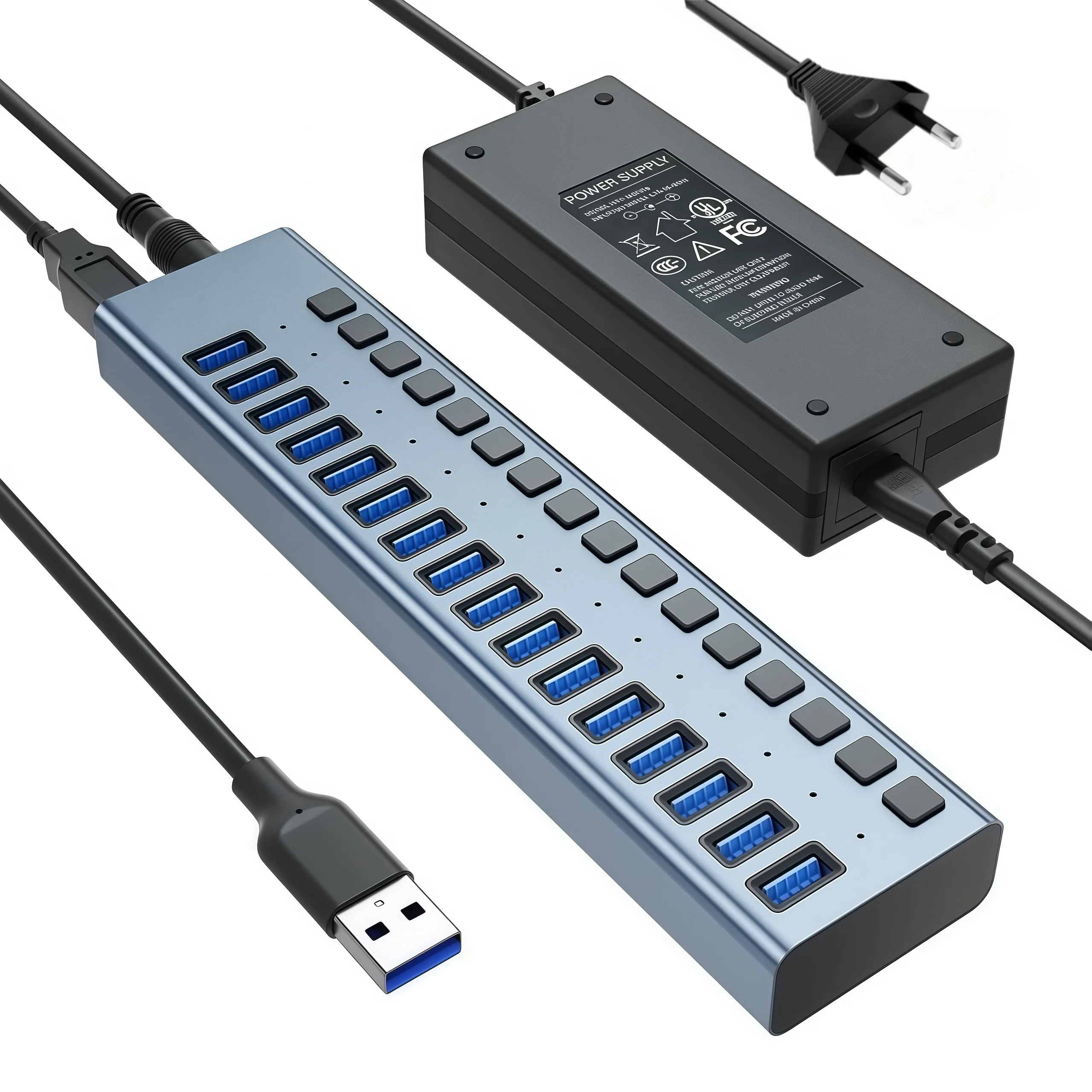 USB Hub 3,0 multipuerto de alta velocidad 16 10 7 puertos interruptor de encendido y apagado con fuente de alimentación adaptador divisor USB extensión de puertos múltiples